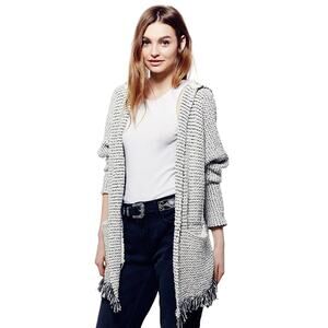 Free People Love Me Tender Oversize Marled Blue Hooded Fringe Cardigan